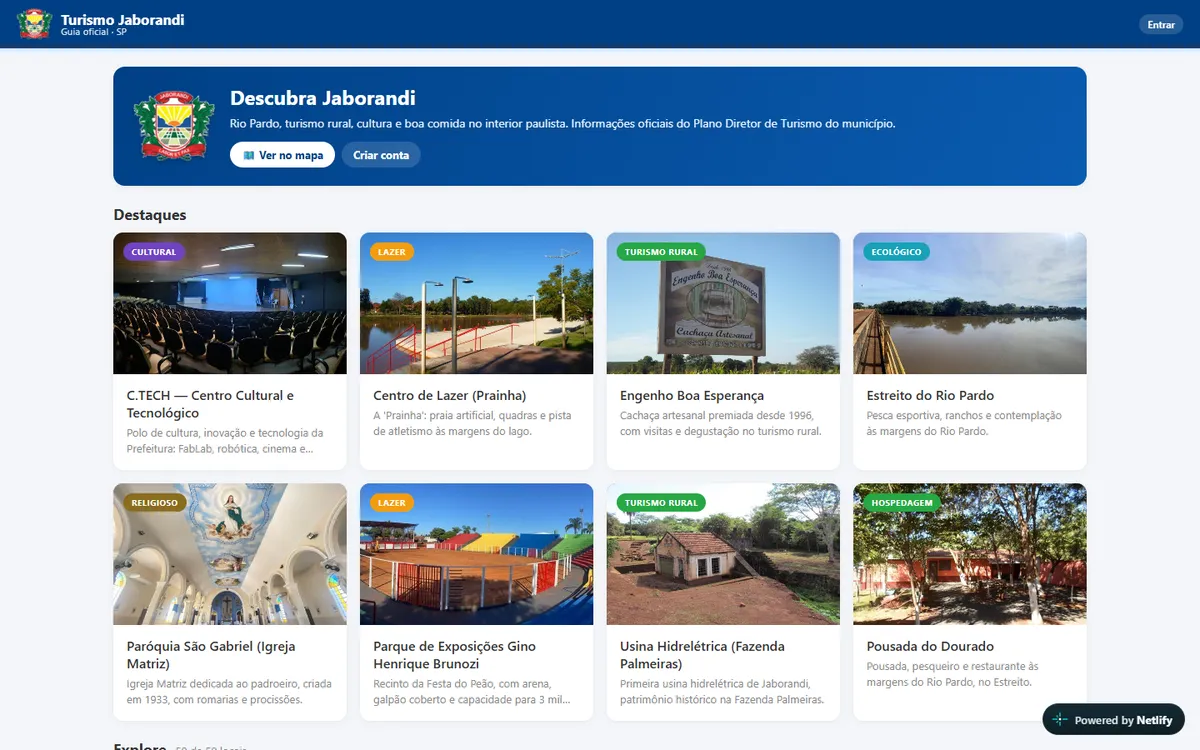 Guia de turismo de Jaborandi com cards dos atrativos